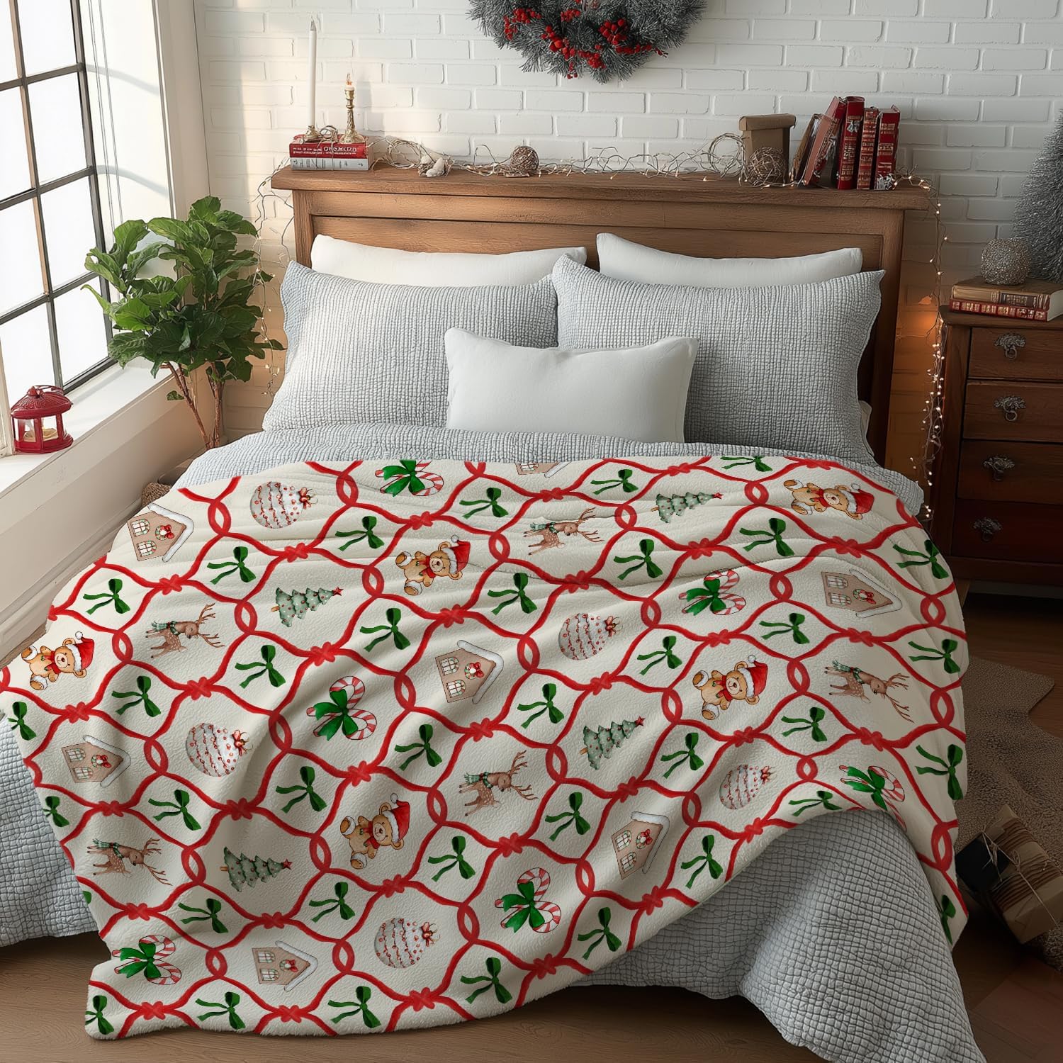 Holiday Wreath & Ornament Christmas Throw Blanket - Image 2