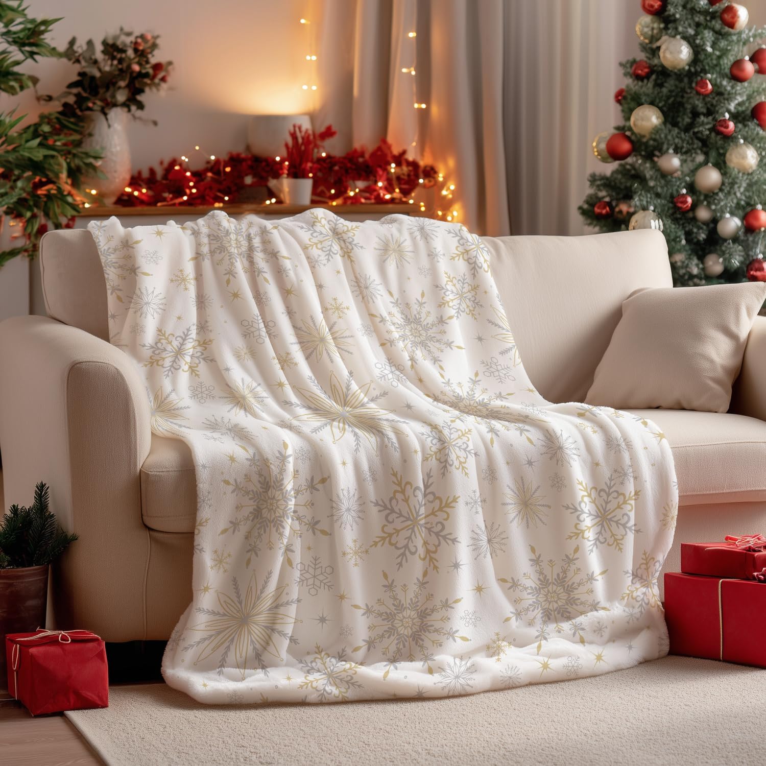 Golden Snowflake Winter Throw Blanket - Image 3