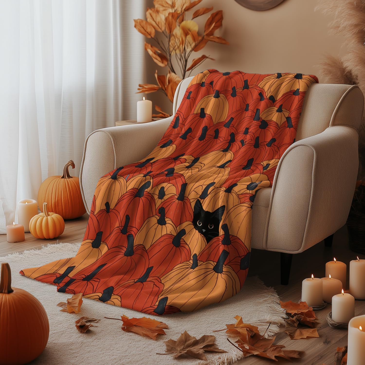Pumpkin Patch Black Cat Throw Blanket
