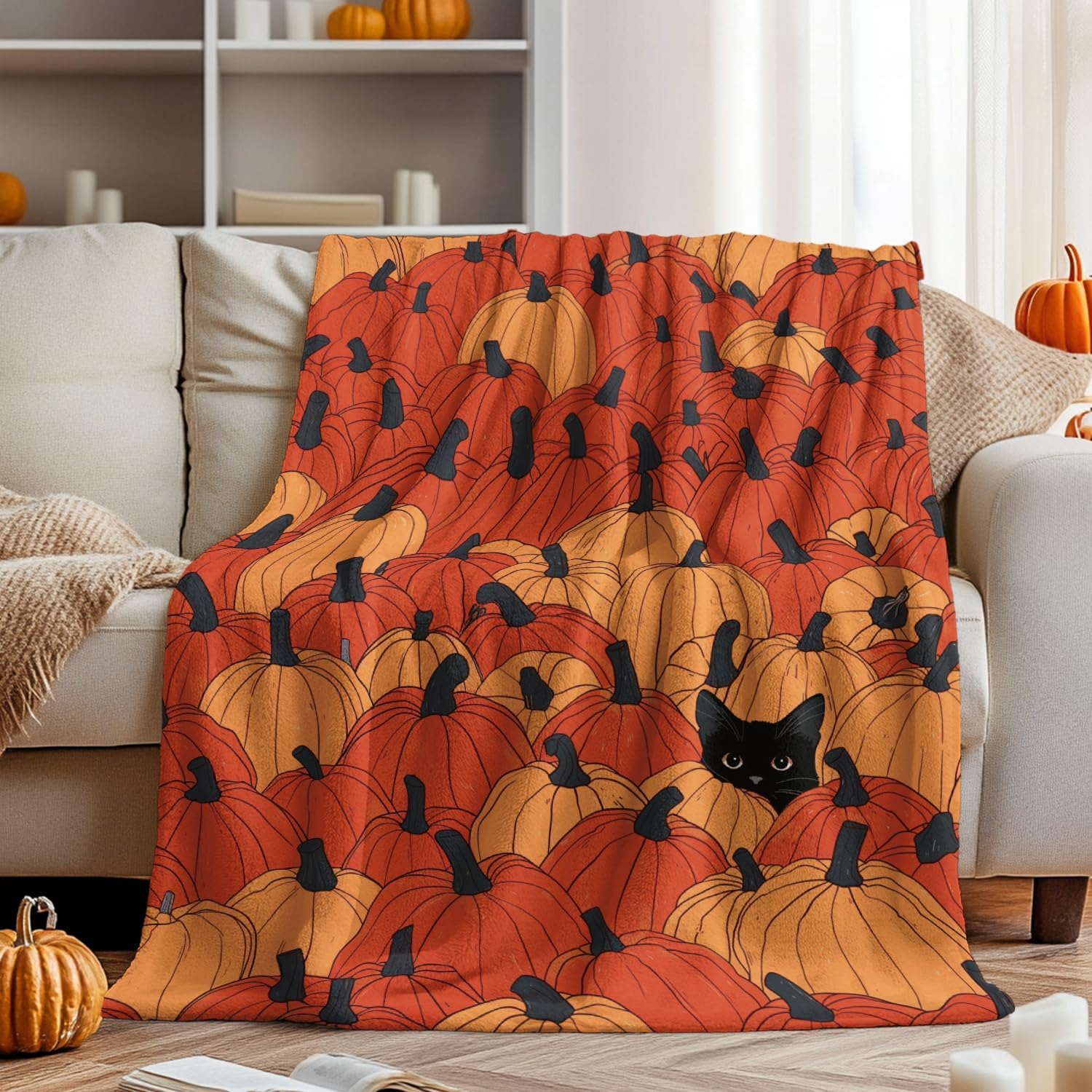 Pumpkin Patch Black Cat Throw Blanket - Image 4