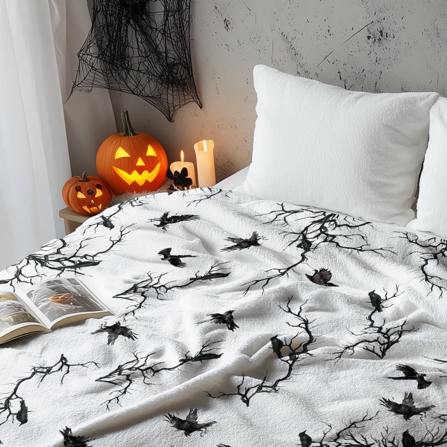 Haunted Raven & Branches Halloween Throw Blanket - Image 2