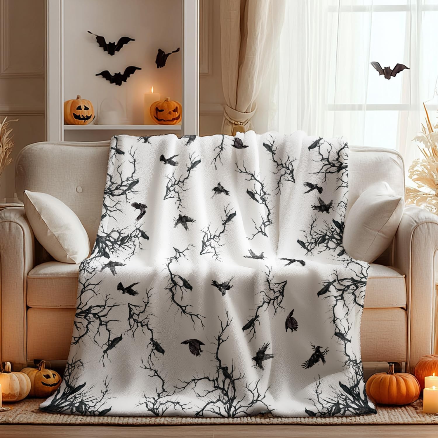 Haunted Raven & Branches Halloween Throw Blanket - Image 3