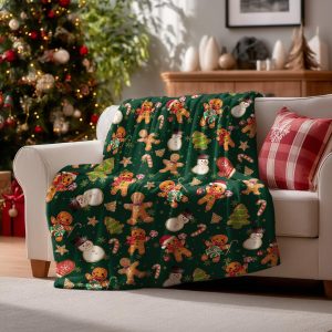 Gingerbread & Candy Cane Christmas Throw Blanket