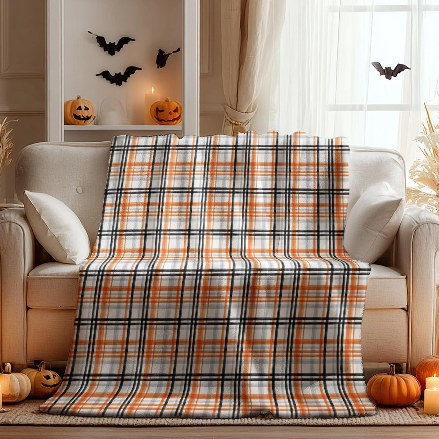 Orange Plaid Halloween Throw Blanket - Image 2