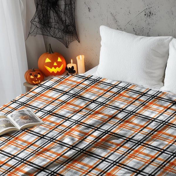 Orange Plaid Halloween Throw Blanket - Image 3