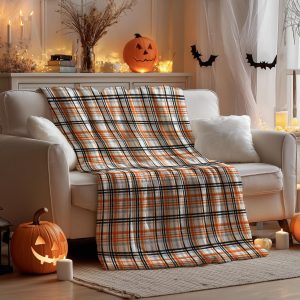 Orange Plaid Halloween Throw Blanket