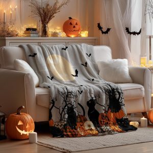 Halloween Black Cat & Pumpkin Throw Blanket