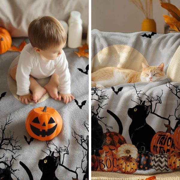 Halloween Black Cat & Pumpkin Throw Blanket - Image 4