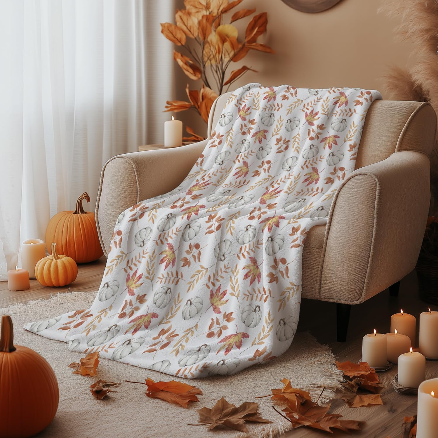 Autumn Pumpkin & Leaf Throw Blanket