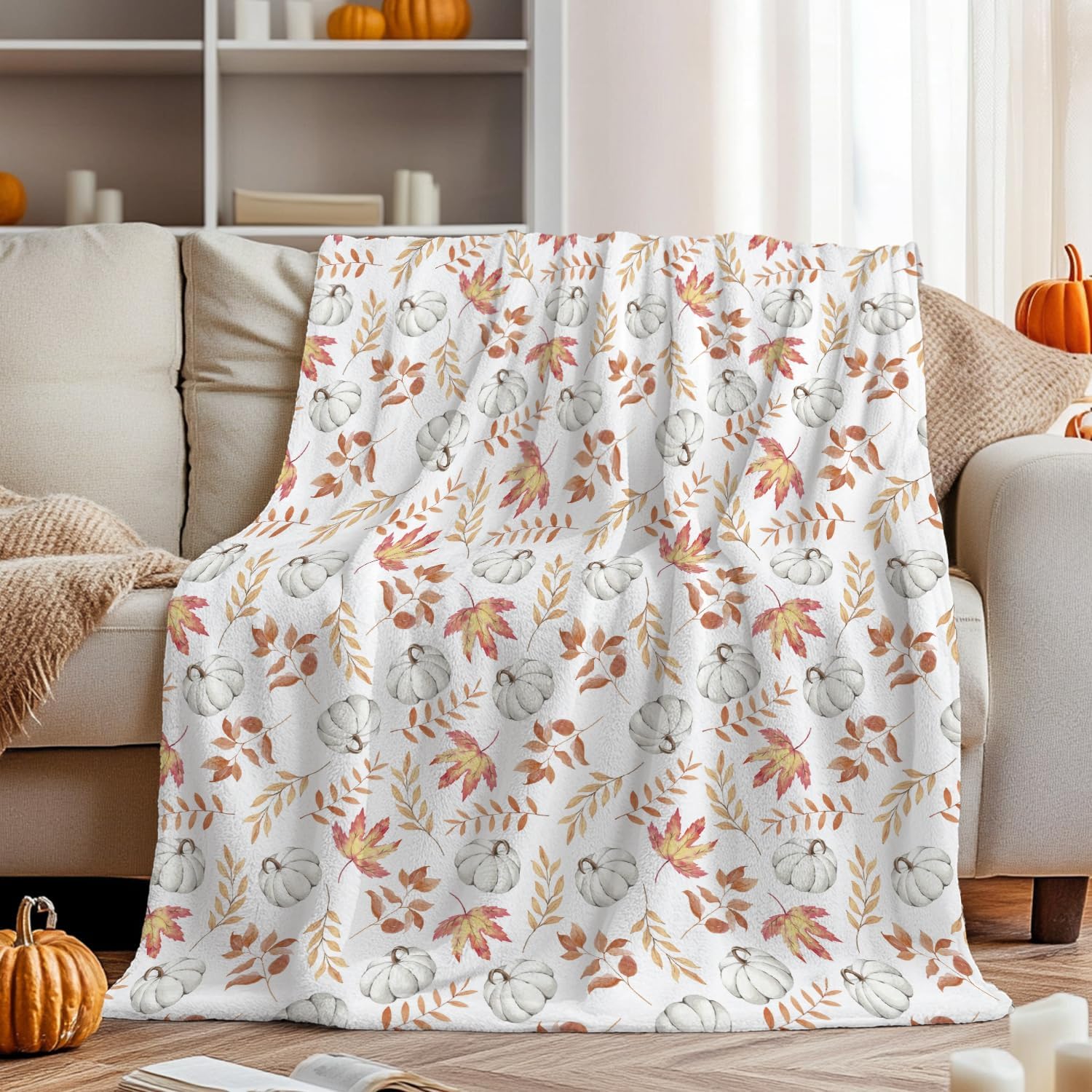 Autumn Pumpkin & Leaf Throw Blanket - Image 2