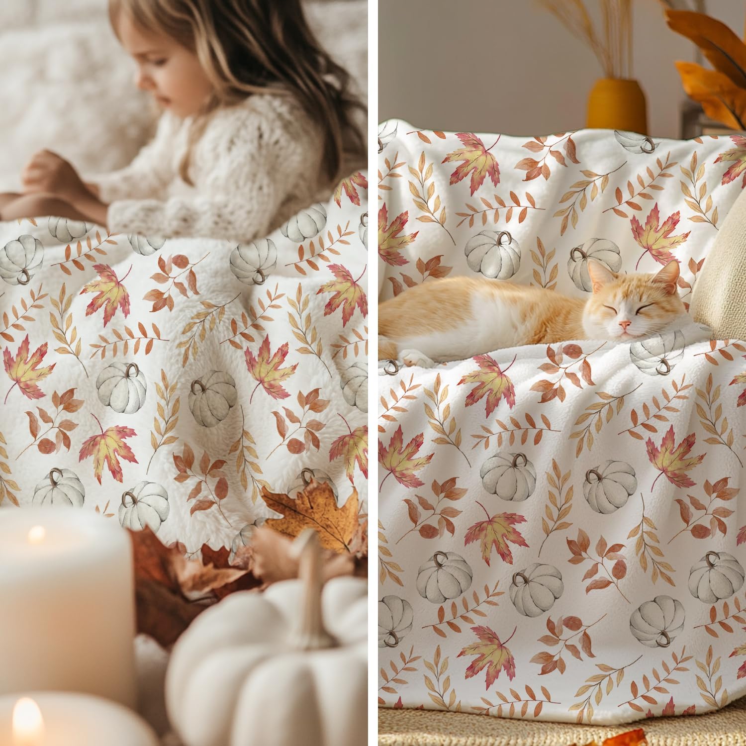 Autumn Pumpkin & Leaf Throw Blanket - Image 3