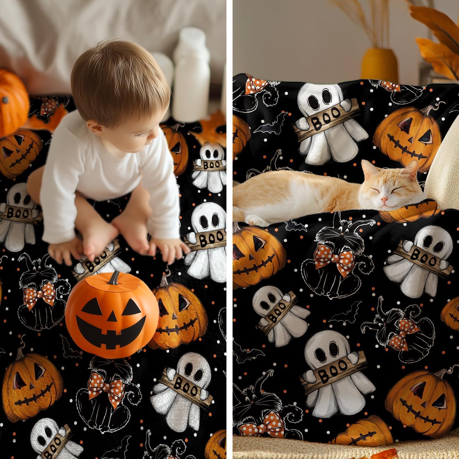 Halloween Ghost & Pumpkin Throw Blanket - Image 2