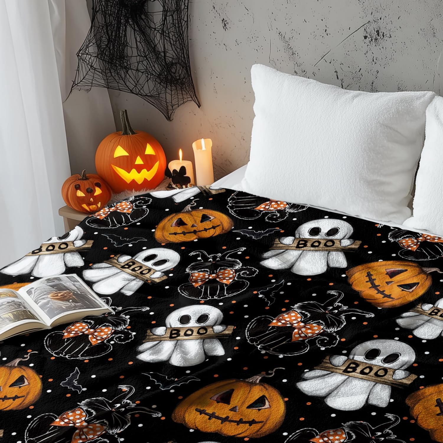 Halloween Ghost & Pumpkin Throw Blanket - Image 4