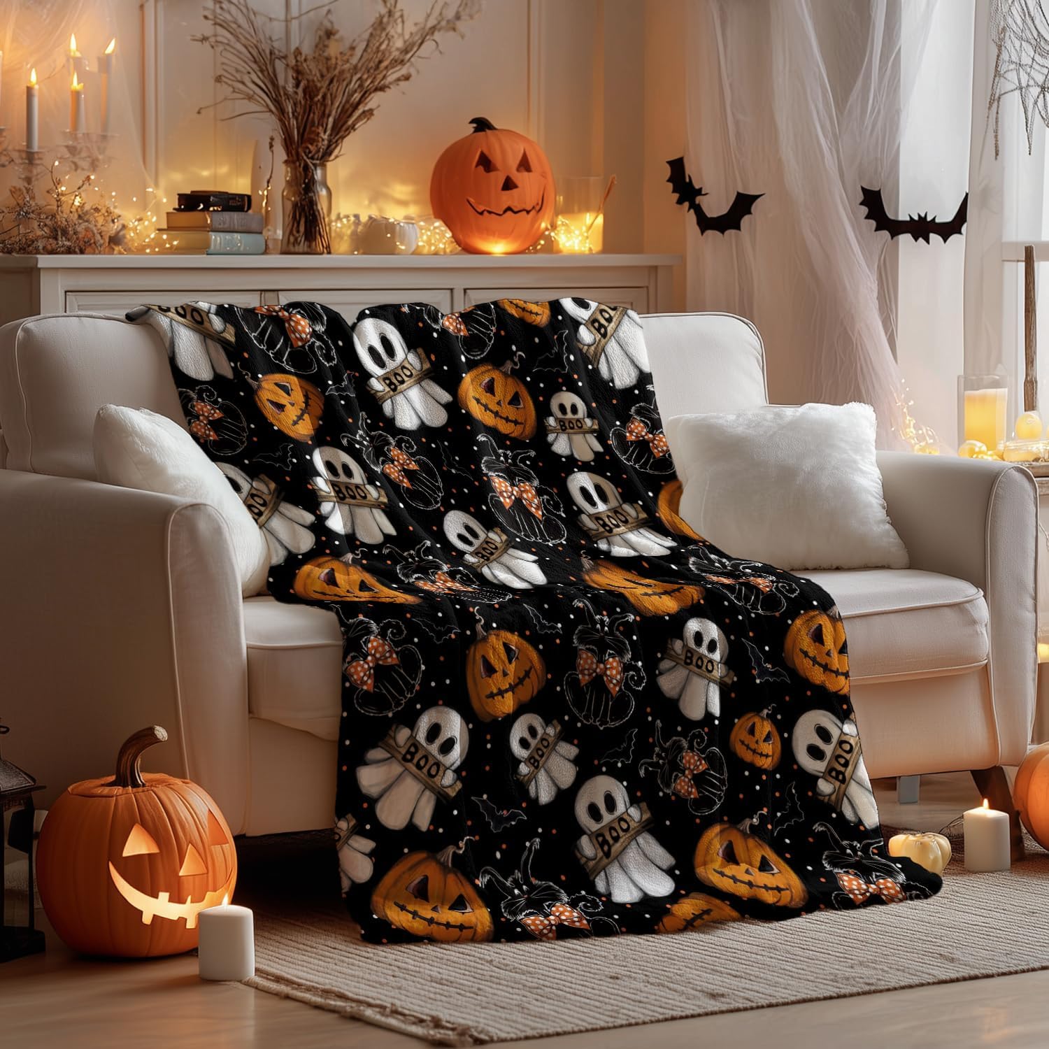 Halloween Ghost & Pumpkin Throw Blanket