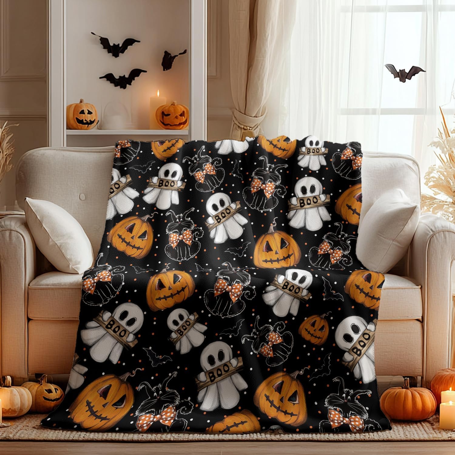 Halloween Ghost & Pumpkin Throw Blanket