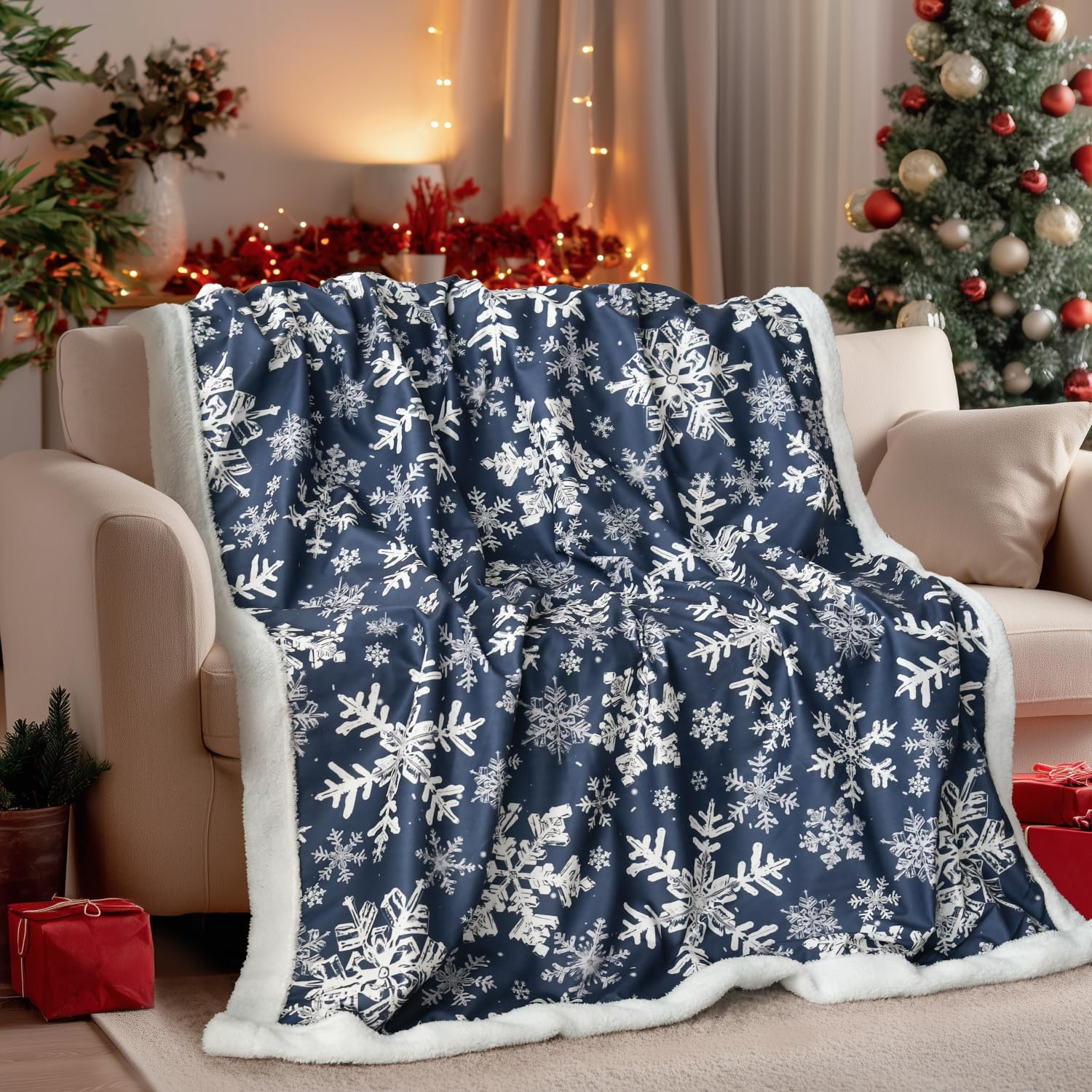 Navy Blue Snowflake Sherpa Throw Blanket - Image 5